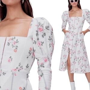 For Love & Lemons x Free People XS 0/2 Ivory Pink Floral Stripe Puff Sleeve Midi